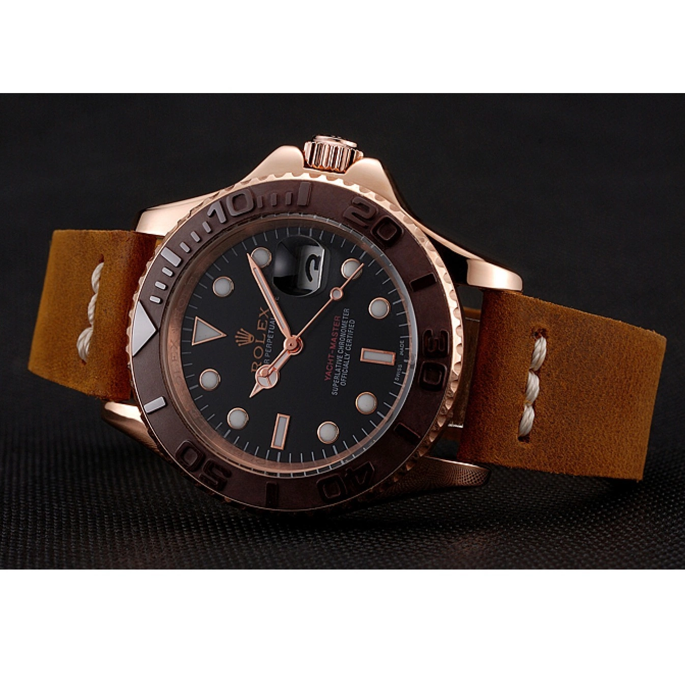 Aaa replica watch Dial 1453860 Bezel Rolex Leather Gold Brown Brown Black Case Yacht Rose Bracelet Master 0713